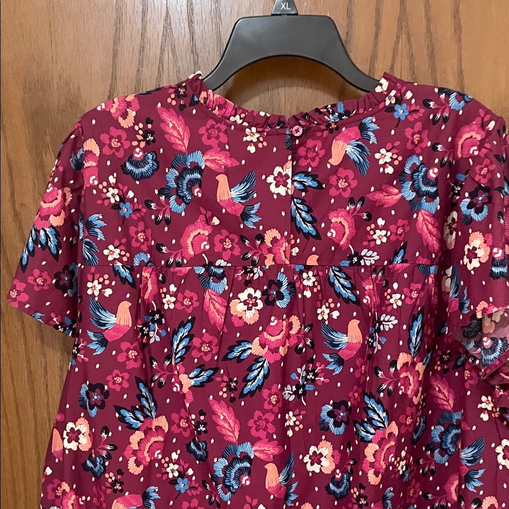 Lane Bryant NWT Sz 18 Burgundy Floral & Bird Print Short Sleeve Blouse Cotton - Picture 9 of 12
